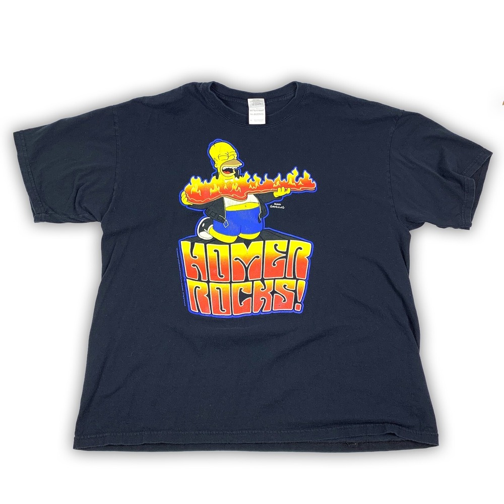 Gildan Heavy Cotton 2009 The Simpsons Homer Rocks Flaming Guitar‎ Black T Shirt